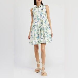 En Saison Kera Tiered White Mini Summer dress with Blue and Green Starfish Print